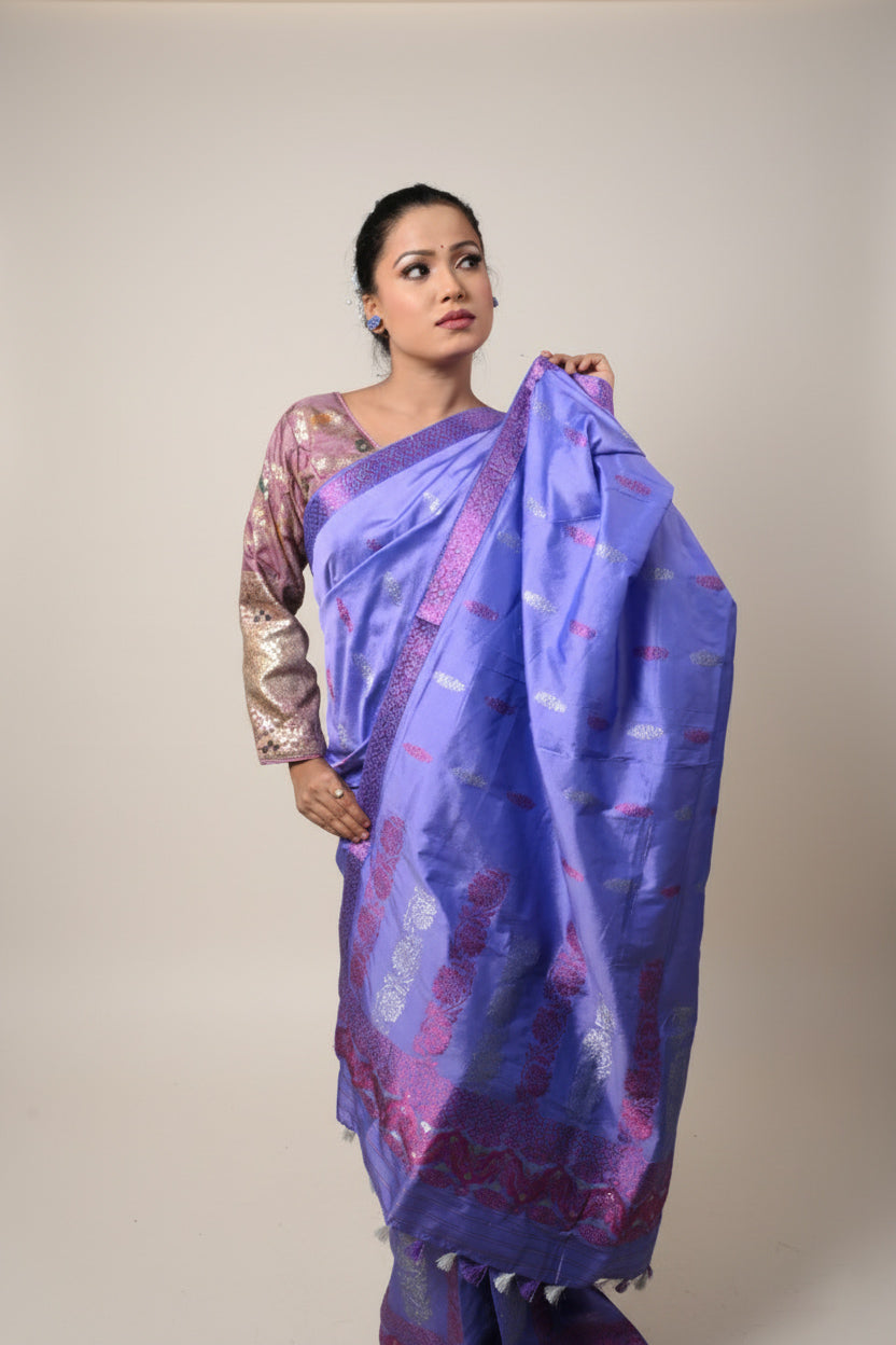 Assam Handloom Lavender & Pink Mix Pat Silk Mekhela Chador